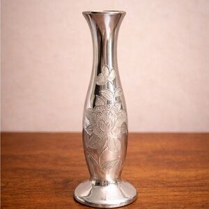 Vintage Silver Floral Etched Bud Vase – Shiny Metal Flower Vase